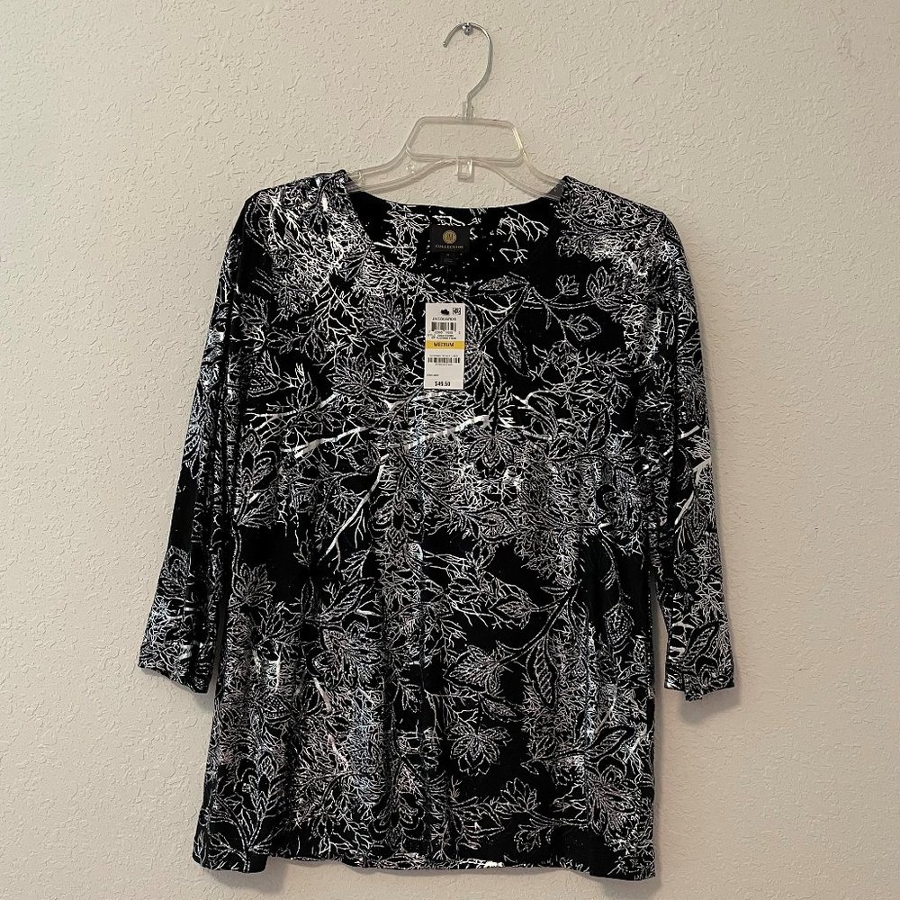 JM Collection Blouse, size medium. Fit 3/4 Sleeve, black and silver.